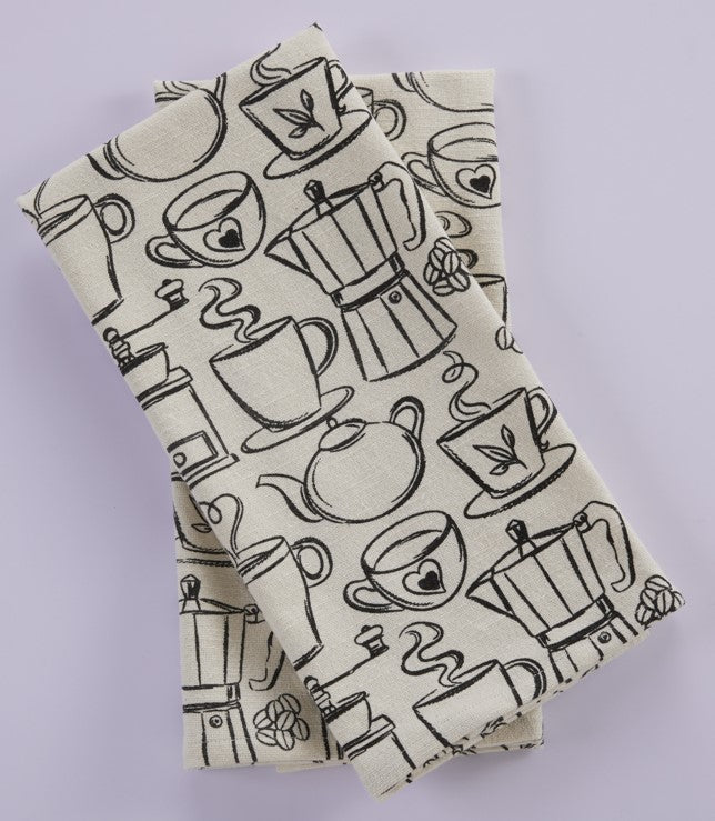 Premium Cotton Printed Towels - Coffee Print Set of 2 Kitchen Towels - 100 % Cotton - Ivory / Black